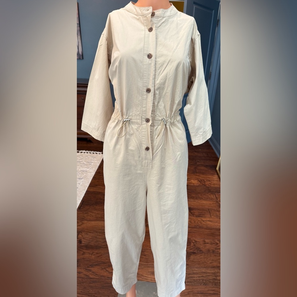 By Min Beige Utility Jumpsuit Medium Button Front Drawstring Pockets Cropped